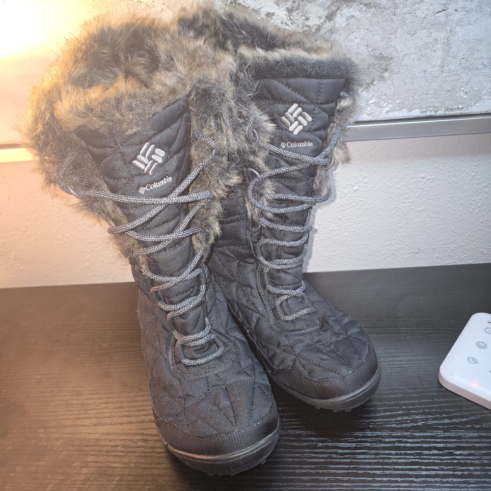 Columbia Gray Quilted Lace-Up Winter Boots with Faux Fur Trim